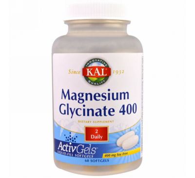 KAL, Глицинат магния 400, без сои, 400 мг, 60 мягких капсул