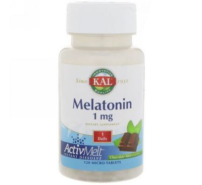 KAL, Мелатонин, натуральный вкус шоколада и мяты, 1 мг, 120 микротаблеток