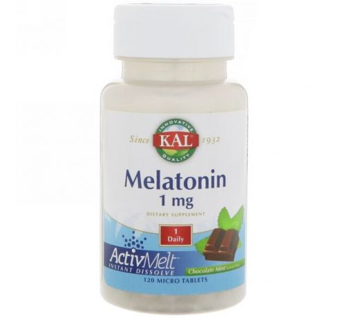 KAL, Мелатонин, натуральный вкус шоколада и мяты, 1 мг, 120 микротаблеток