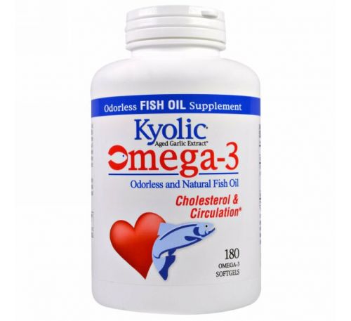 Kyolic, Омега-3, натуральный рыбий жир без запаха, 180 капсул с омега-3