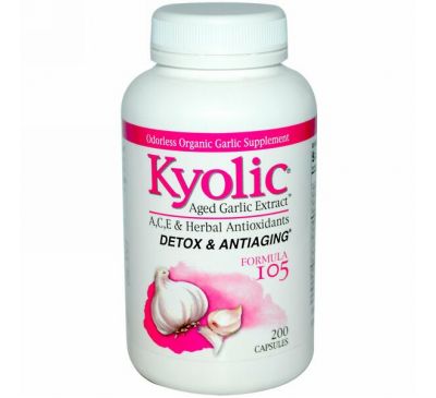 Kyolic, Выдержанный чесночный экстракт, детоксикация и омолаживание, формула 105, 200 капсул