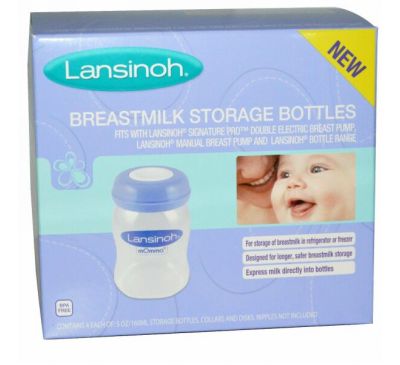 Lansinoh, Бутылочки для хранения грудного молока, 4 бутылочки по 5 унций (160 мл) каждая