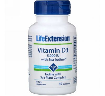 Life Extension, Витамин D3 с морским йодом, 5000 МЕ, 60 капсул