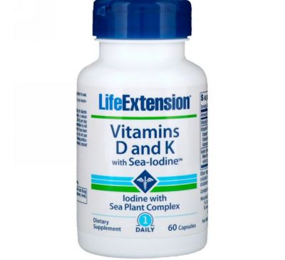 Life Extension, Витамины D и K с морским йодом, 60 капсул