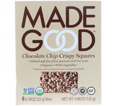MadeGood, Хрустящие квадратики, с кусочками шоколада, 6 батончиков по 0,78 унции (22 г)