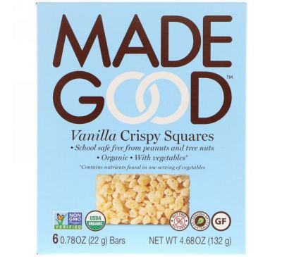 MadeGood, Органический продукт, Хрустящие квадраты, Ваниль 6 батончиков, 0,78 унц. (22 г) каждый