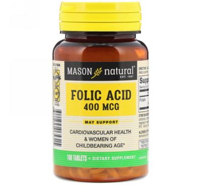 Mason Natural, Фолиевая кислота, 400 мкг, 100 таблеток