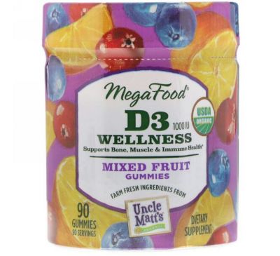 MegaFood, D3 Wellness, 1000 IU, Mixed Fruit, 90 Gummies