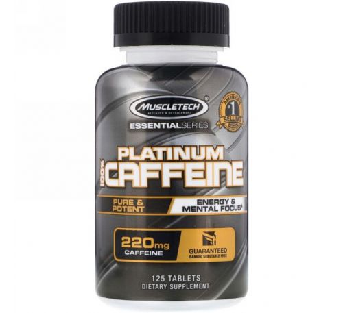 Muscletech, Essential Series, Platinum 100% Caffeine, 200 mg, 125 Tablets