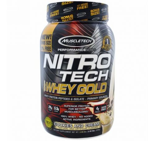 Muscletech, Nitro Tech, 100% Whey Gold, печенье со сливками, 2,20 фунта (999 г)