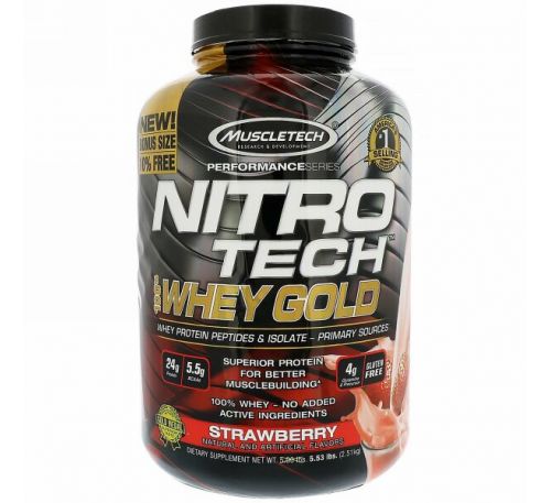 Muscletech, Nitro Tech 100% Whey Gold, клубника, 5.53 фунтов (2.51 кг)