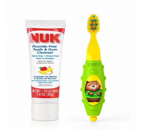 NUK, Grins &Giggles, набор зубных щеток для малышей, от 12 месяцев, 1 очищающее средство & 1 щетка