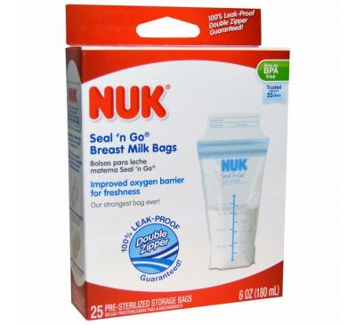 NUK, Пакеты для грудного молока Seal 'n Go, 25 пакетов для хранения, каждый объемом 6 oz (180 мл)