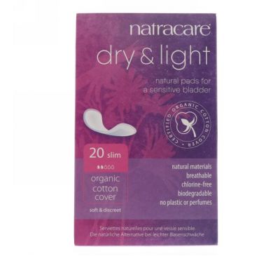 Natracare, Dry & Light, покрытие из органического хлопка, Slim, 20 прокладок