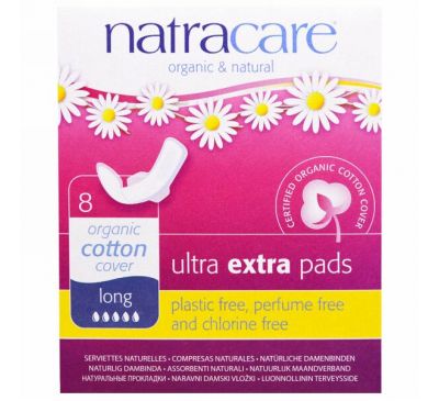 Natracare, Органические и натуральные прокладки Ultra Extra, длинные, 8 прокладок