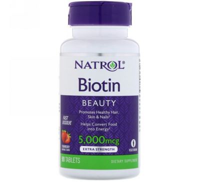 Natrol, Биотин, клубника, 5000 мкг, 90 таблеток