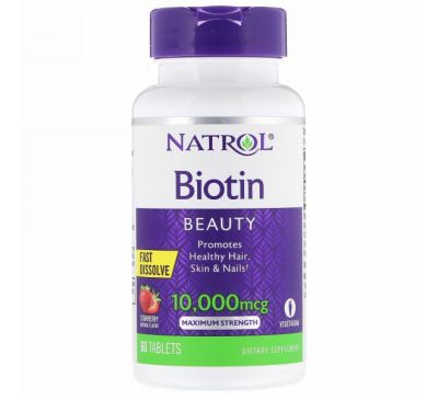 Natrol, Биотин, максимальная эффективность, клубника, 10 000 мкг, 60 таблеток