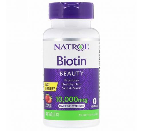Natrol, Биотин, максимальная эффективность, клубника, 10 000 мкг, 60 таблеток
