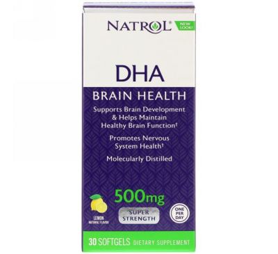 Natrol, DHA, Brain Health, Lemon, 500 mg, 30 Softgels