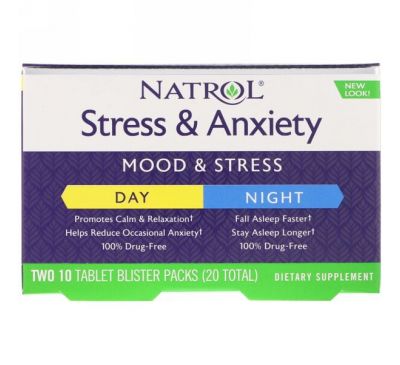 Natrol, Stress & Anxiety, Day & Night, Two 10 Tablet Blister Packs (20 Total)