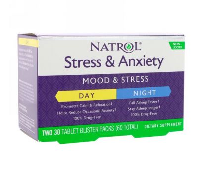 Natrol, Стресс и тревожность, Настроение и стресс, Две упаковки-блистера по 30 таблеток (всего 60)
