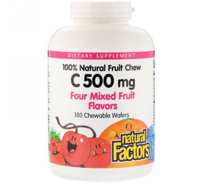 Natural Factors, Vitamin C, 100% Natural Fruit Chew, Four Mixed Fruit Flavors, 500 mg, 180 Chewable Wafers