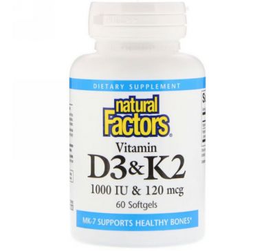 Natural Factors, Витамин D3 и K2, 60 гелевых капсул