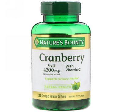 Nature's Bounty, Клюква, с витамином C, 250 желатиновых капсул быстрого высвобождения
