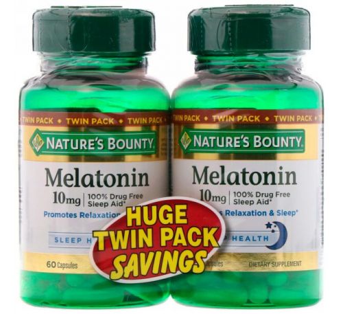 Nature's Bounty, Мелатонин, две упаковки по 10 мг, 60 капсул в каждой
