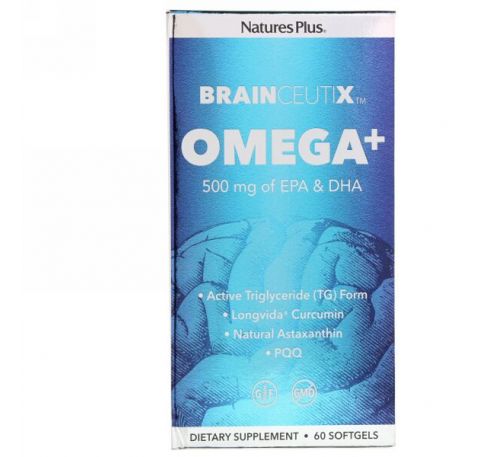 Nature's Plus, Brainceutix, омега+, 500 мг, 60 мягких таблеток