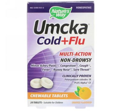 Nature's Way, Umcka, от простуды и гриппа, со вкусом апельсина, 20 жевательных таблеток