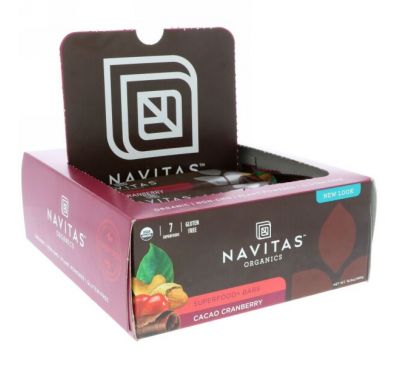 Navitas Organics, Чудо-пища + батончики, какао и клюква, 12 батончиков, 16,8 унц. (480 г)