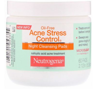 Neutrogena, Безмасляное средство от акне Acne Stress Control, ночные очищающие салфетки, 60 шт.