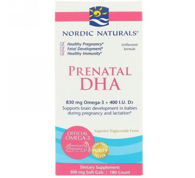 Nordic Naturals, ДГК для беременных, формула без ароматизаторов, 500 мг, 180 желатиновых капсул