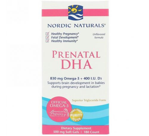 Nordic Naturals, ДГК для беременных, формула без ароматизаторов, 500 мг, 180 желатиновых капсул