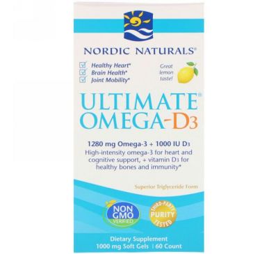 Nordic Naturals, Омега-D3 Ultimate, лимон, 1000 мг, 60 гелевых капсул
