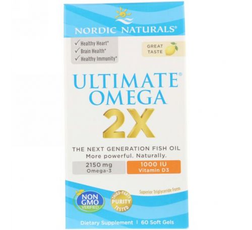 Nordic Naturals, Ultimate Omega 2X с витамином D3, вкус лимона, 60 мягких капсул