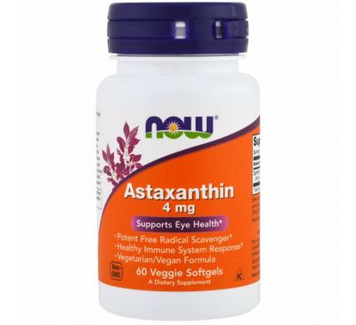 Now Foods, Астаксантин, 4 мг, 60 растительных капсул