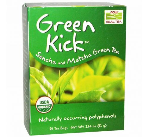 Now Foods, Настоящий чай, Green Kick, зеленый чай сенча и маття, 24 чайных пакетика, 1.44 унций (41 г)