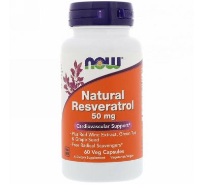 Now Foods, Натуральный ресвератол, 50 мг, 60 растительных капсул