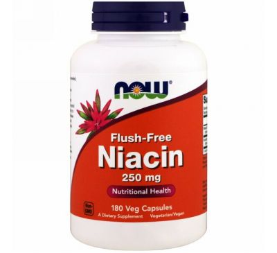 Now Foods, Ниацин, не вызывающий покраснений, 250 мг, 180 растительных капсул
