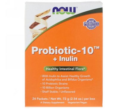 Now Foods, Probiotic-10 + Inulin, Unflavored, 24 Packets, 2.54 oz (72 g)