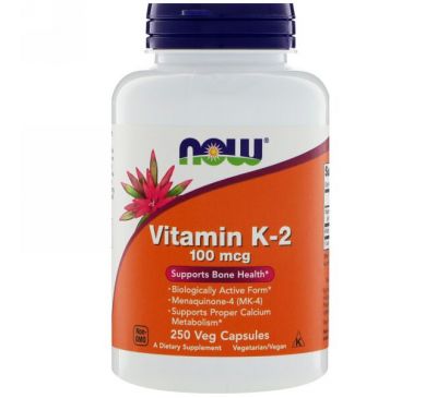Now Foods, Витамин K-2, 100 мкг, 250 вегетарианских капсул