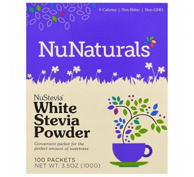 NuNaturals, NuStevia, порошок из стевии белого цвета, 100 пакетиков, 100 г