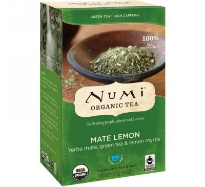 Numi Tea, Organic Tea, Green Tea, Mate Lemon, 18 Tea Bags, 1.46 oz (41.4 g)