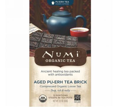 Numi Tea, Органический чай, чай пуэр, выдержанный пуэр, брикет чая пуэр, 2,2 унц. (63 г)