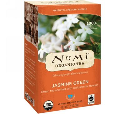 Numi Tea, Органический чай, зеленый чай, жасмин, 18 чайных пакетиков, 1,27 унц. (36 г)