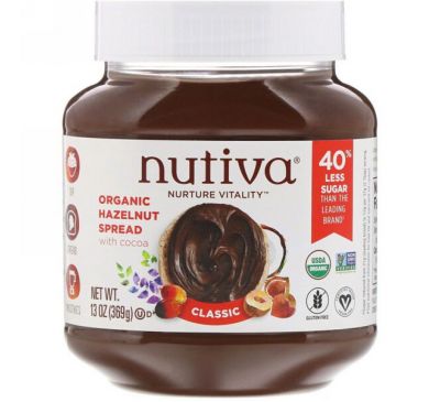 Nutiva, Органическая шоколадная паста со вкусом лесного ореха, Классическая, 13 жидкий унций (369 г)