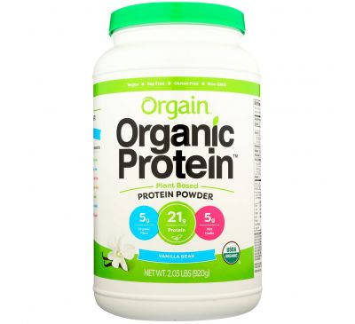 Orgain, Органический белковый порошок, растительный, стручки ванили, 920 г (2,03 фунта)