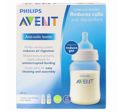 Philips Avent, Бутылочка против коликов, Возраст 1 + месяцев, 2 бутылочки, 9 унц. (260 мл) каждая